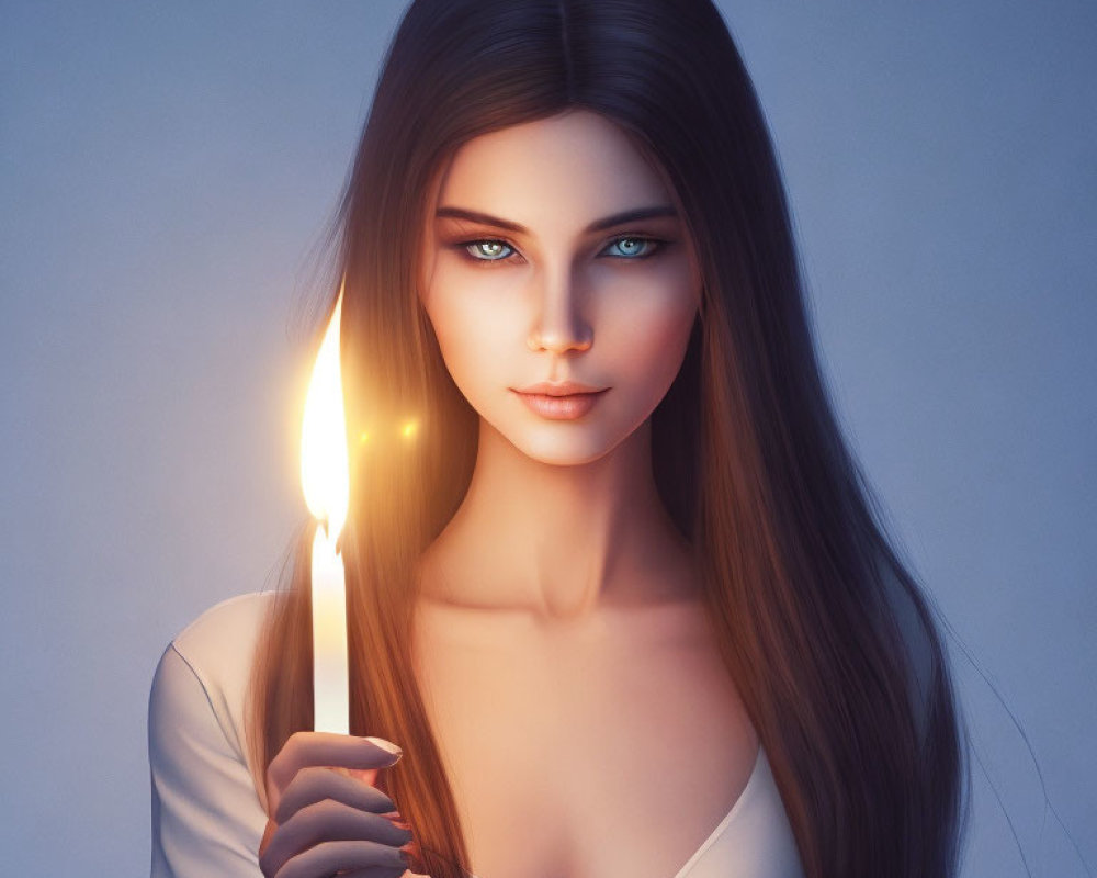 Woman with Long Dark Hair Holding Lit Candle in Dark Background