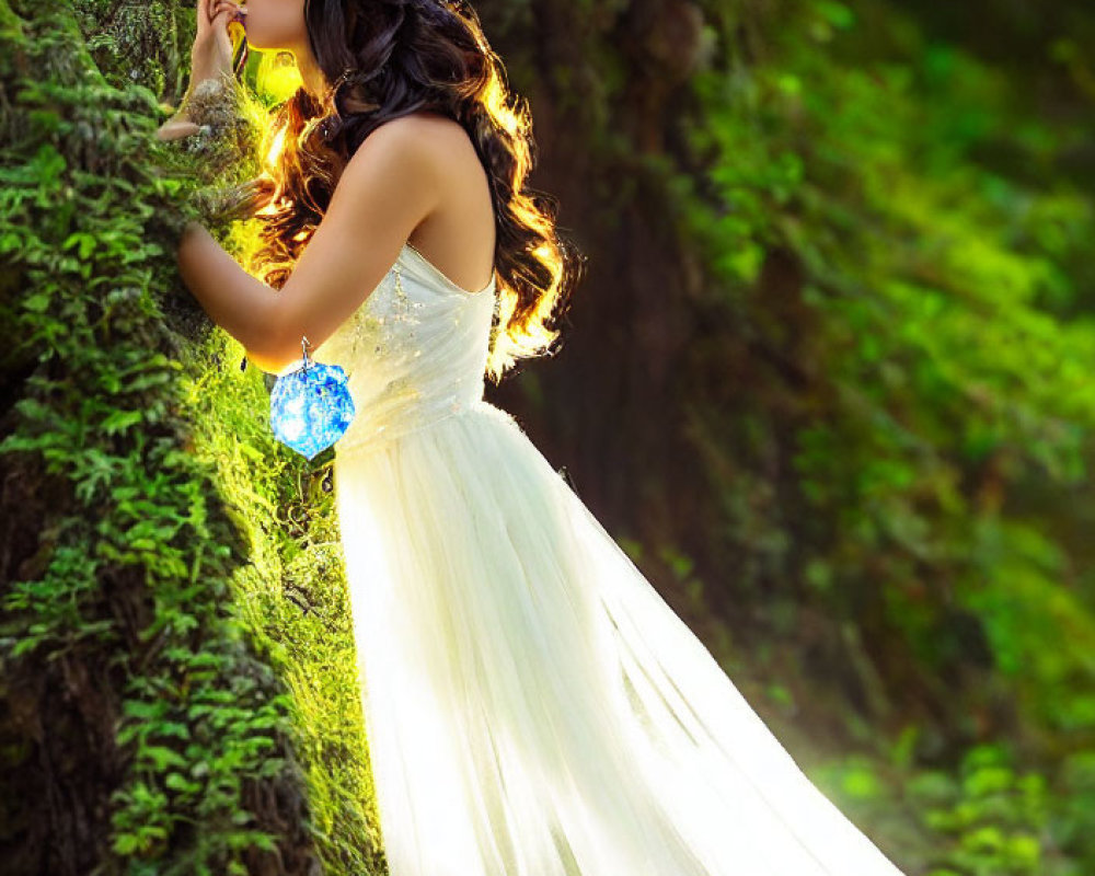 Woman in white dress with fairy wings holding blue orb in mossy forest.