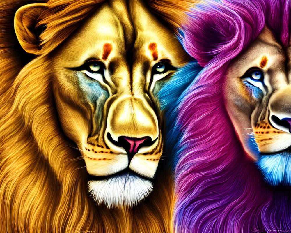 Colorful Digital Artwork Featuring Two Lions with Vibrant Manes