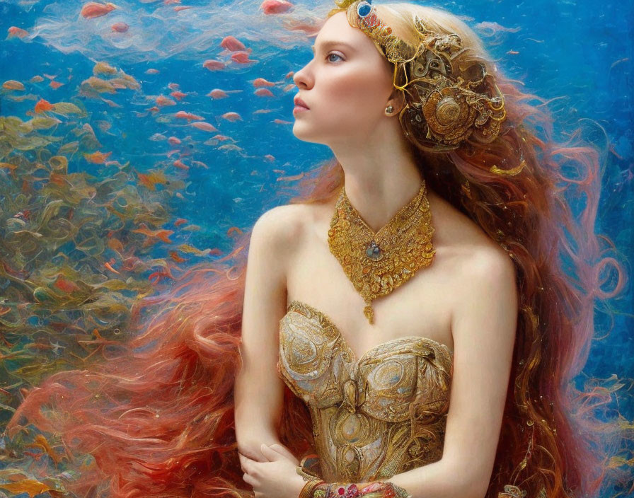 Ethereal woman with red hair and golden jewelry surrounded by vibrant underwater fish