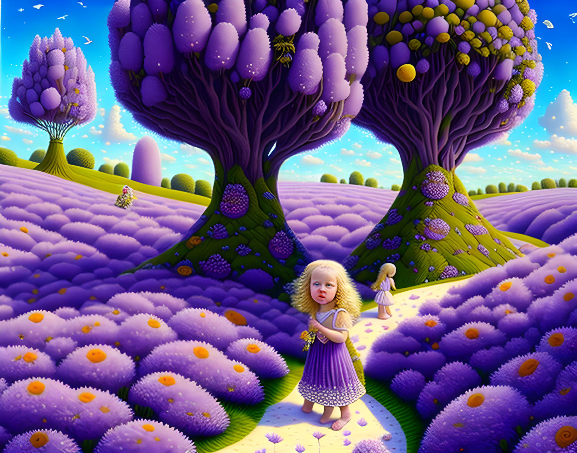 Fantastical landscape with purple trees and lavender fields: Two girls in light purple dresses among oversized flowers