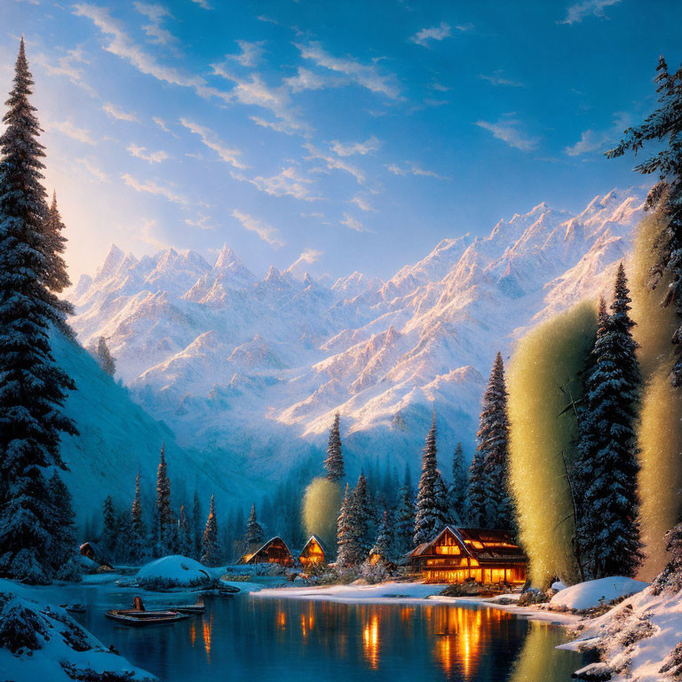 Snow-covered mountainous backdrop with calm lake, illuminated cabins, and twilight sky