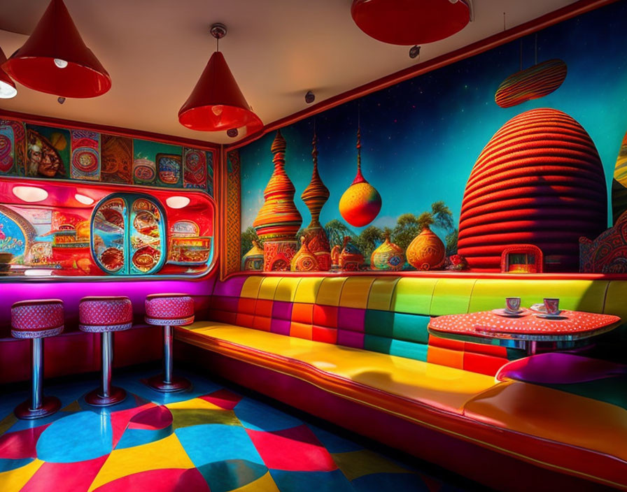 Colorful Psychedelic Interior with Multicolored Seating & Abstract Wall Art