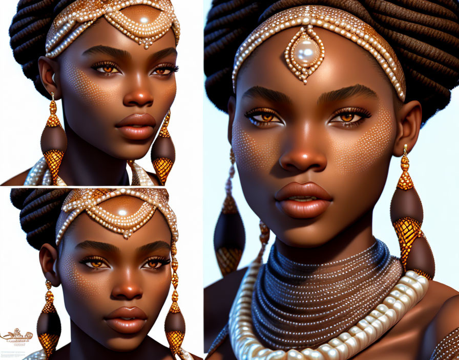 Detailed digital art: Woman with pearl headdress, jewelry, and patterned skin in close-up portraits