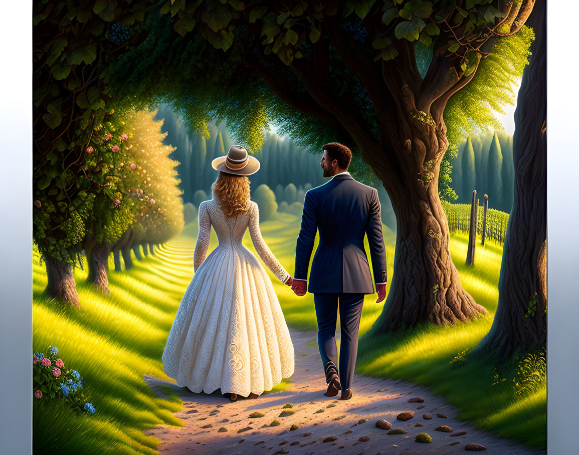 Formal couple strolling on sunlit path through trees