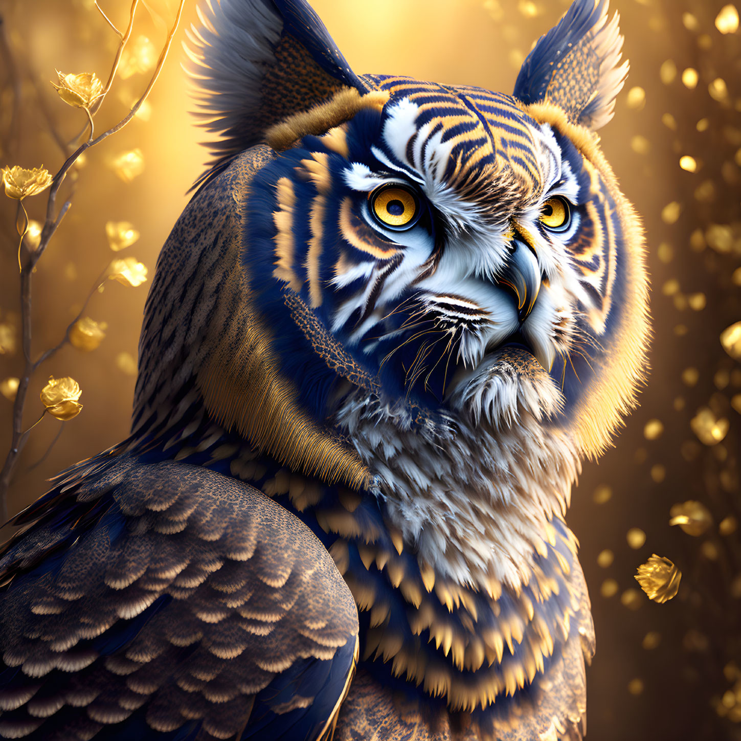 Creature with Tiger Face and Owl Body on Golden Background with Glowing Leaves