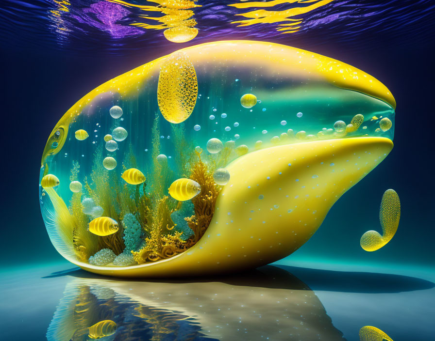 Artistic underwater banana scene with fish, bubbles, and seaweed