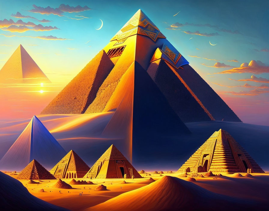 Artistic portrayal of Egyptian pyramids at Giza with crescent moons in twilight sky