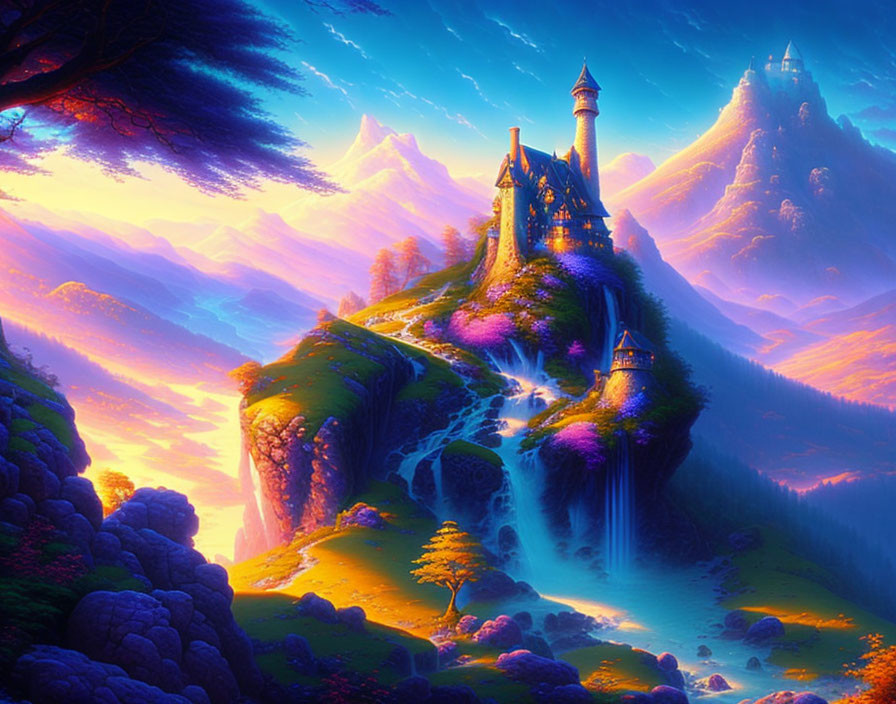 Majestic castle in vibrant fantasy landscape with waterfall