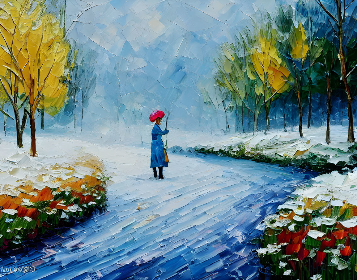 Impressionistic painting of person with red umbrella in snowy path