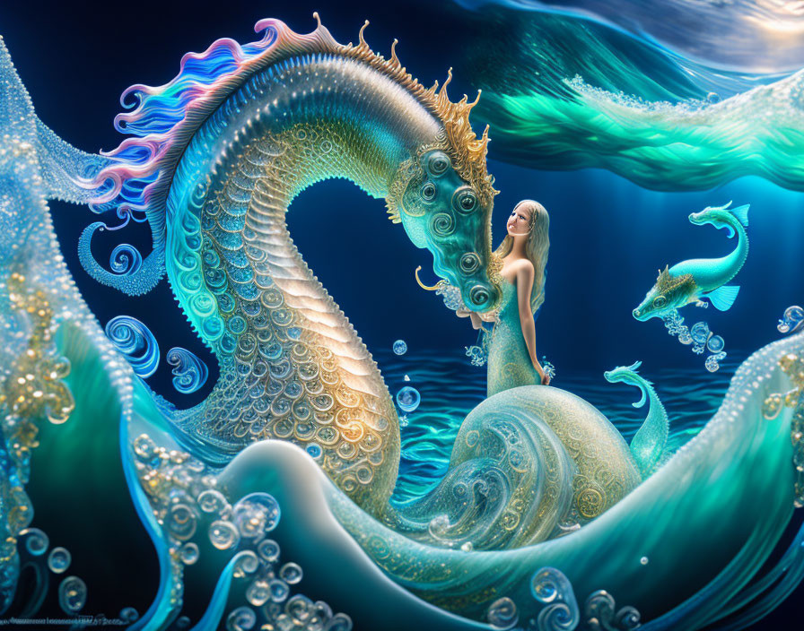 Fantasy illustration of a woman riding a sea horse in underwater scene