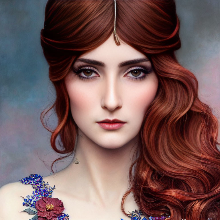 Portrait of woman with wavy red hair, fair skin, intense eyes, and floral tattoo.