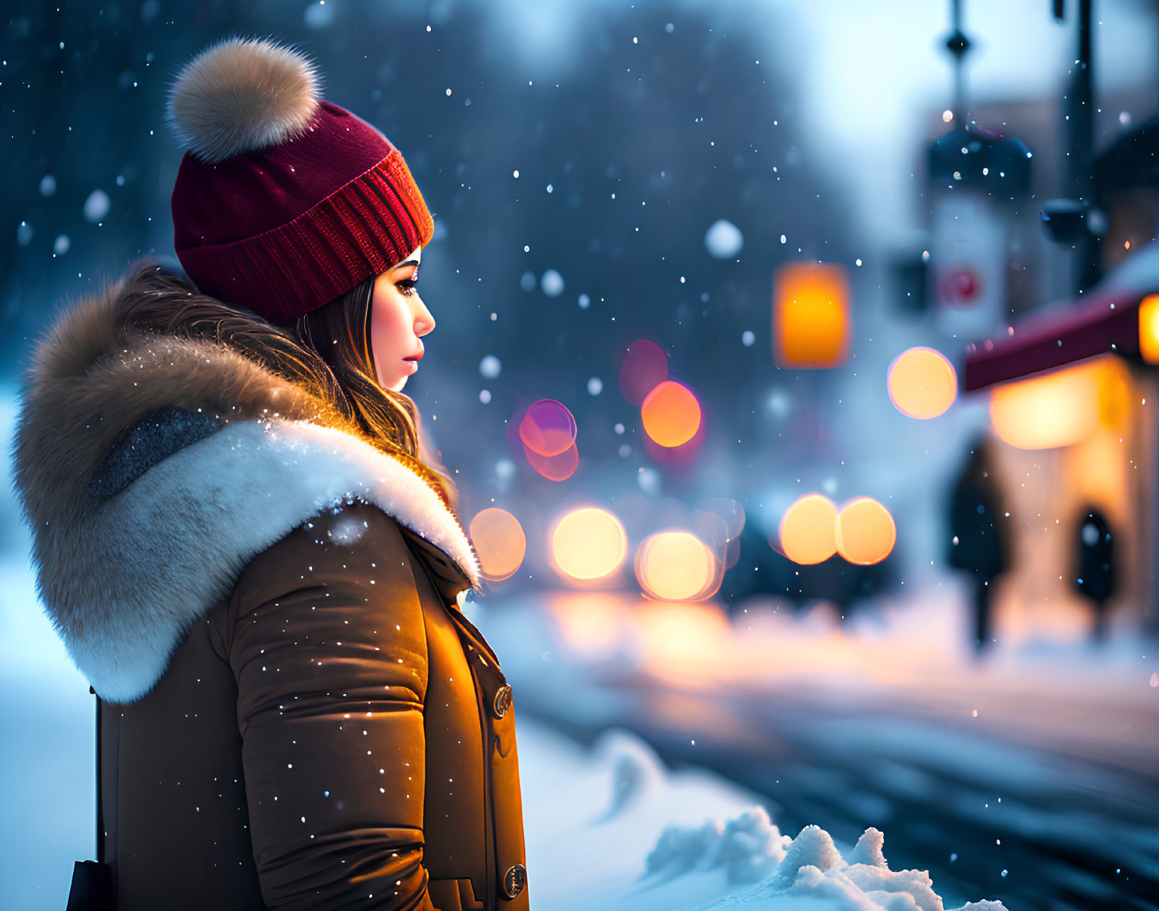 Woman in winter coat and red beanie standing in snowy dusk scene with glowing streetlights.