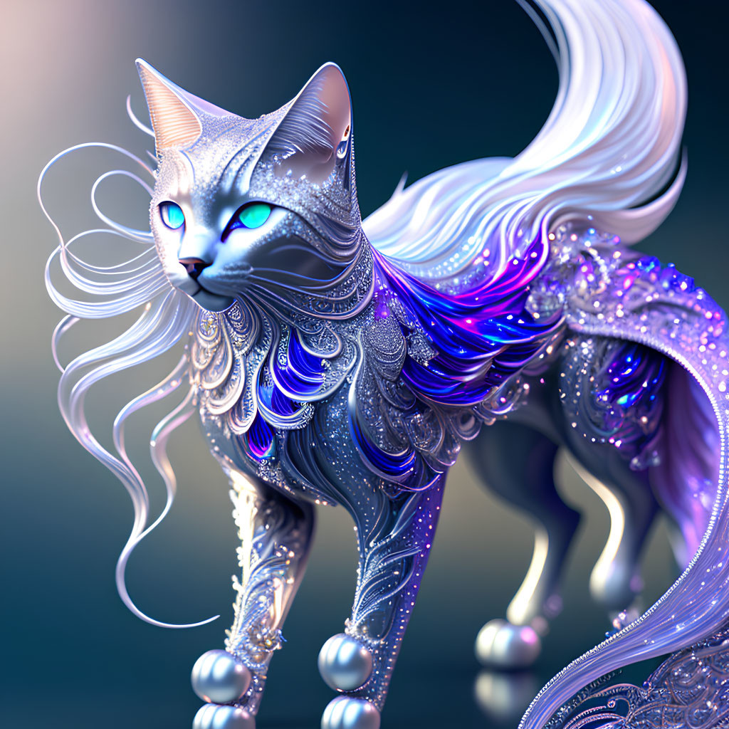 Fantastical metallic cat with intricate patterns and bright blue eyes