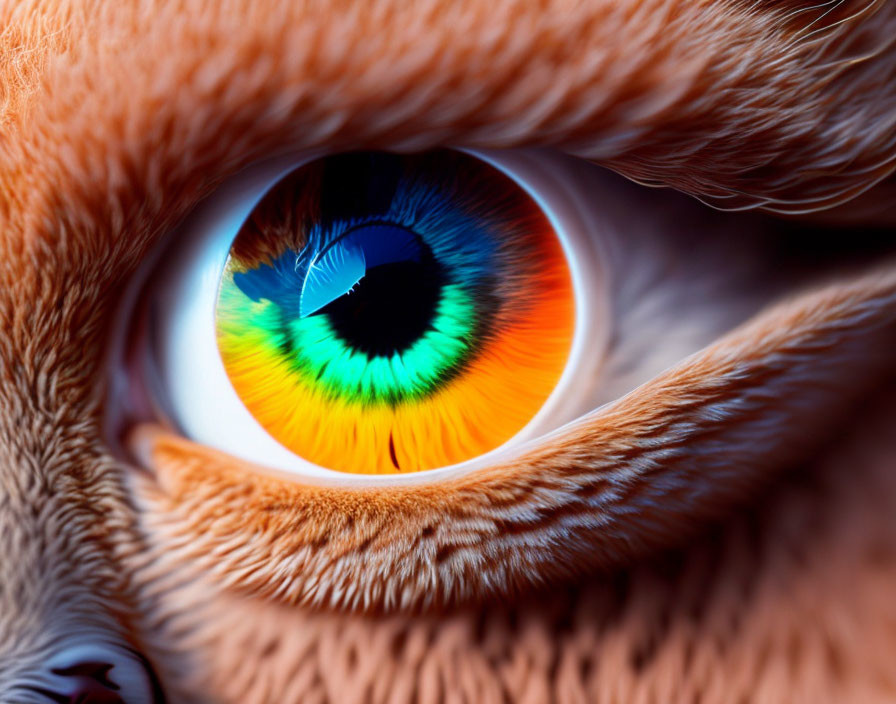 Colorful human eye with rainbow iris and orange eyelashes.