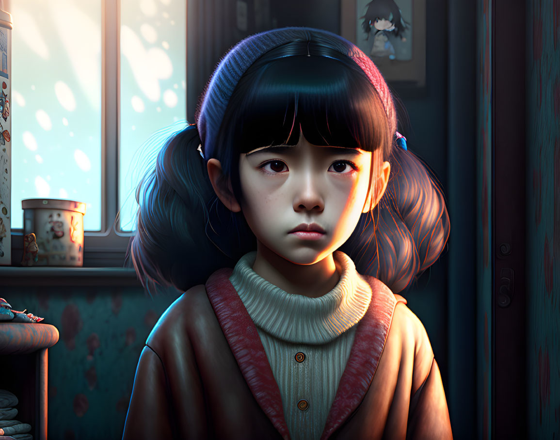 Detailed illustration: Young girl with pigtails, headband, sweater, in cozy room with sunlight