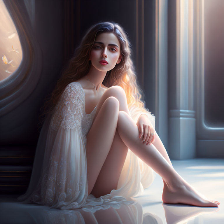 Woman in white dress sitting by window with flowing hair and thoughtful expression