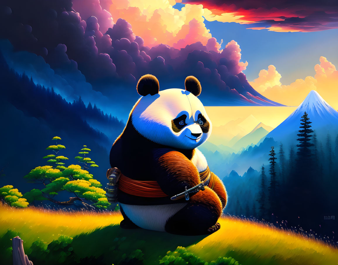 Panda warrior with sword in serene landscape artwork