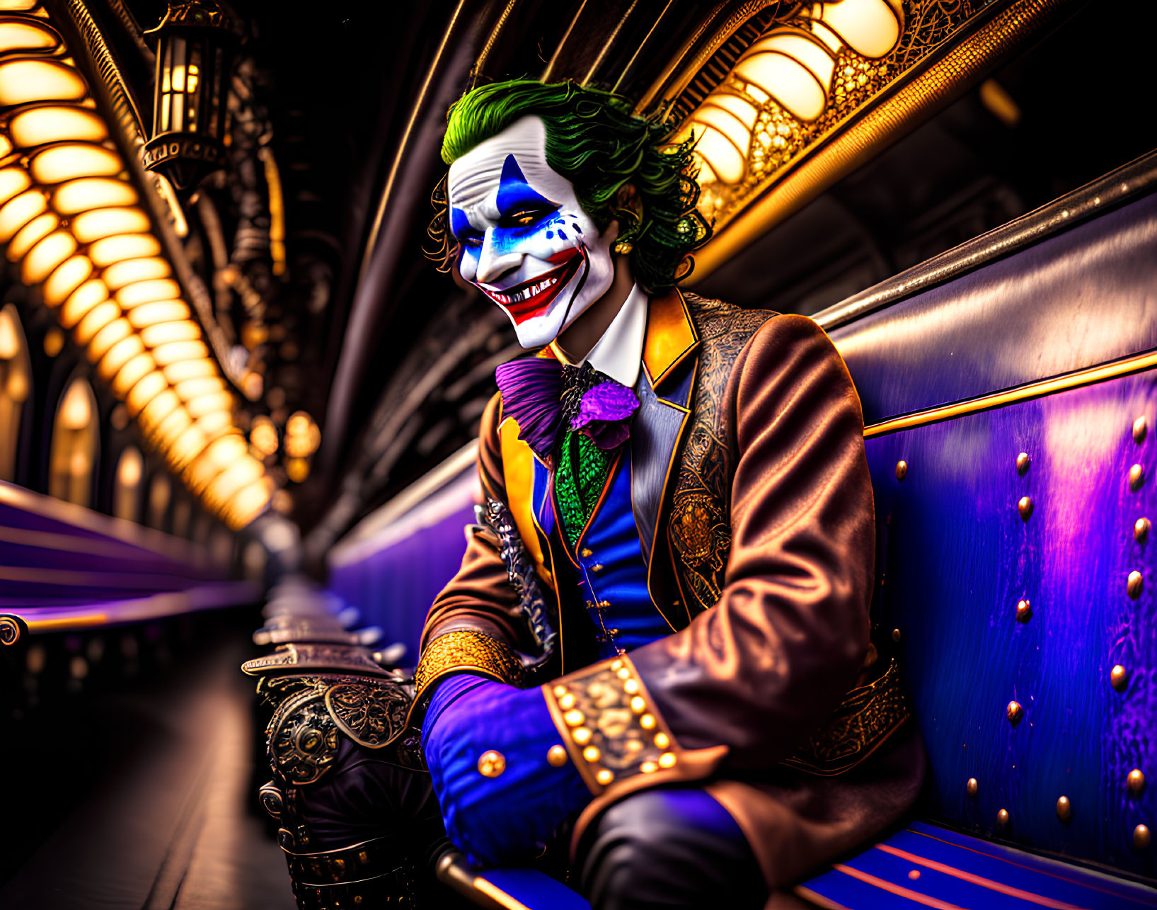 Elaborate Joker Costume in Richly Colored Interior