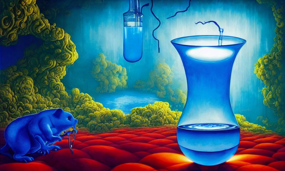Colorful surreal artwork: Blue frog, vase, red surface, yellow coral, blue light