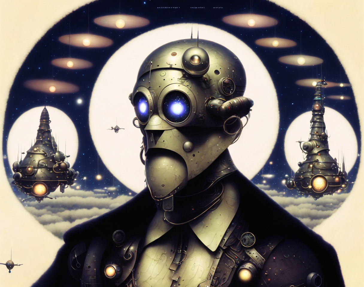 Steampunk-style robot with glowing blue eyes in airship scene