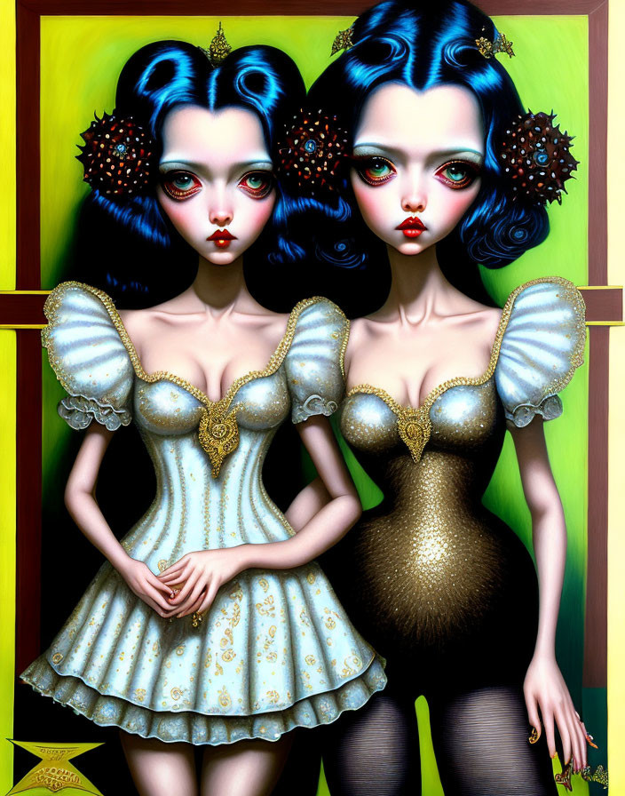 Stylized gothic female figures with ornate dresses and striking blue-black hair