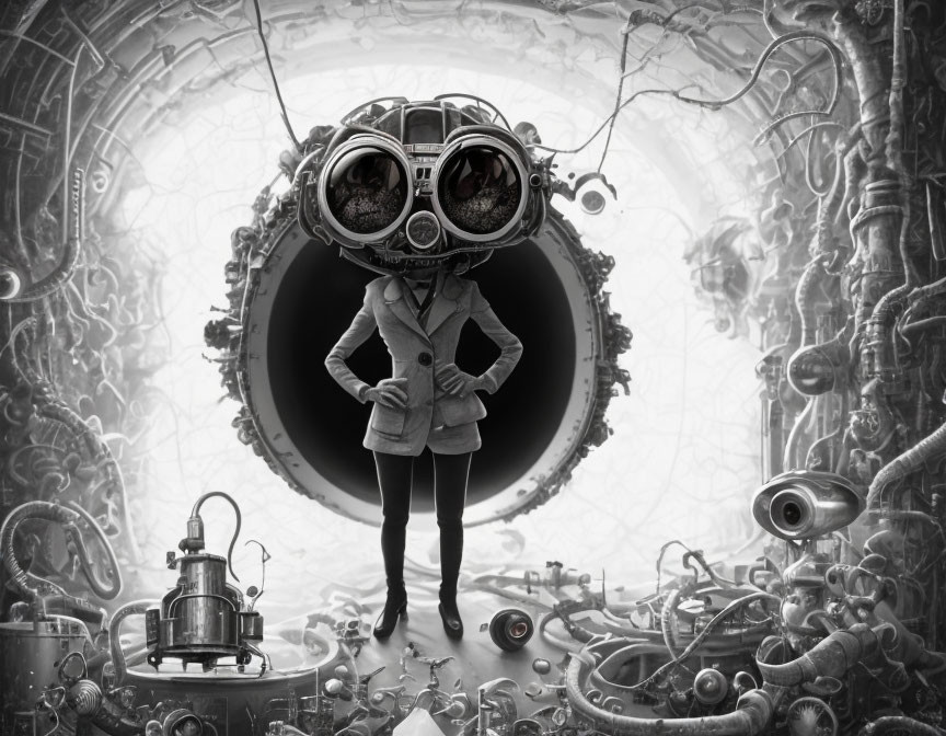 Monochrome steampunk-style illustration of person in jacket, thigh-high boots, and intricate goggles