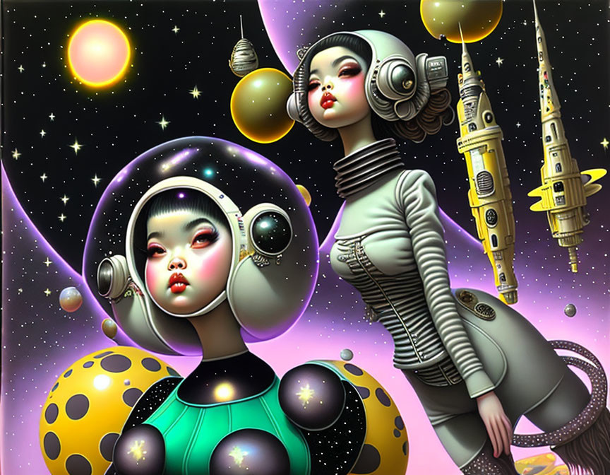 Stylized futuristic female figures with space helmets in cosmic setting
