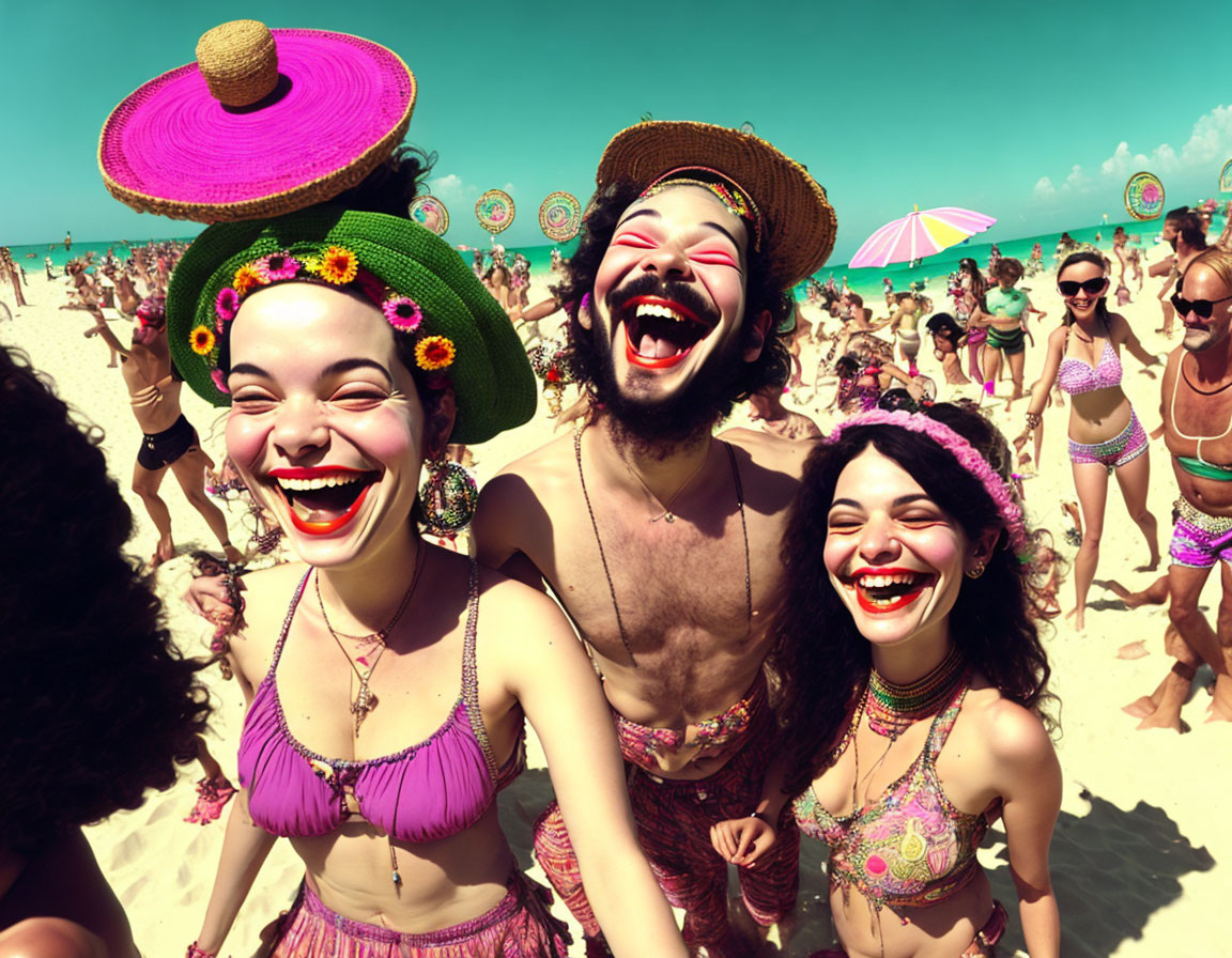 Colorful Beach Scene with Festive Costumes and Smiling People