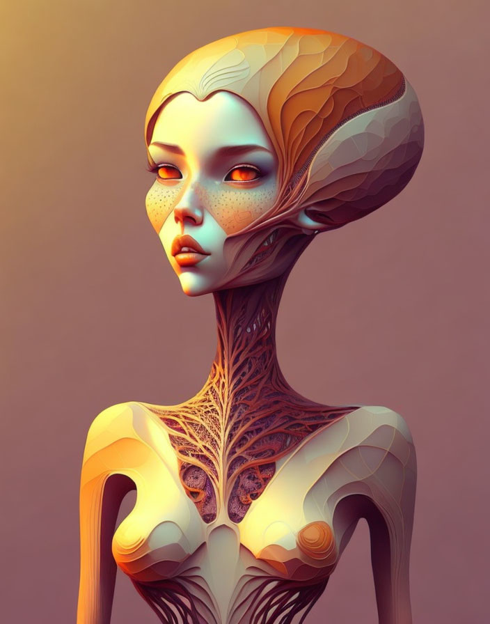 Digital portrait of female alien with elongated neck and large eyes on warm-toned backdrop