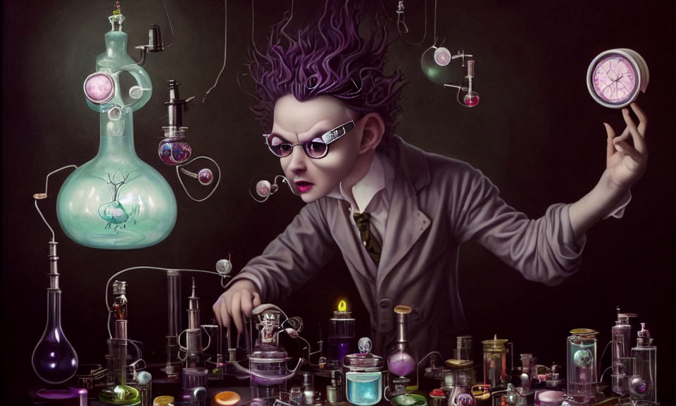 Person with Purple Hair and Glasses Conducts Experiments with Colorful Flasks and Beakers