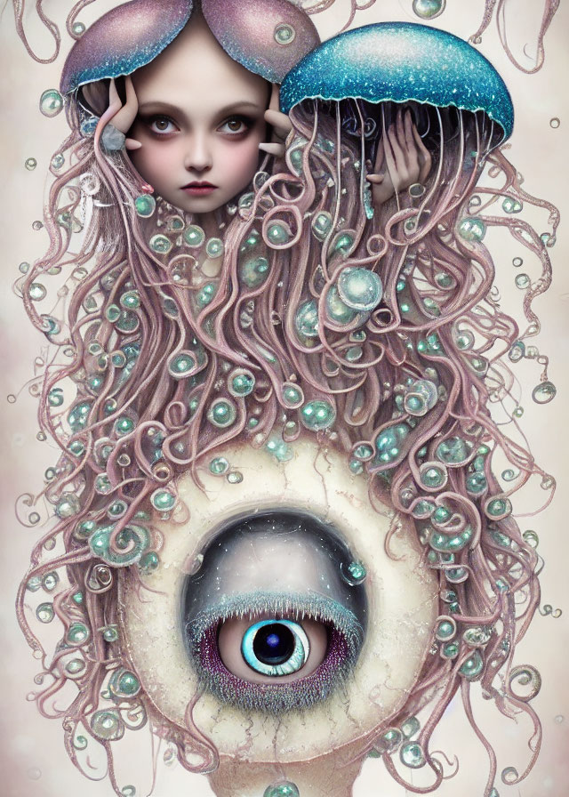 Surreal character with oversized eye and tentacle-like hair holding blue mushroom cap