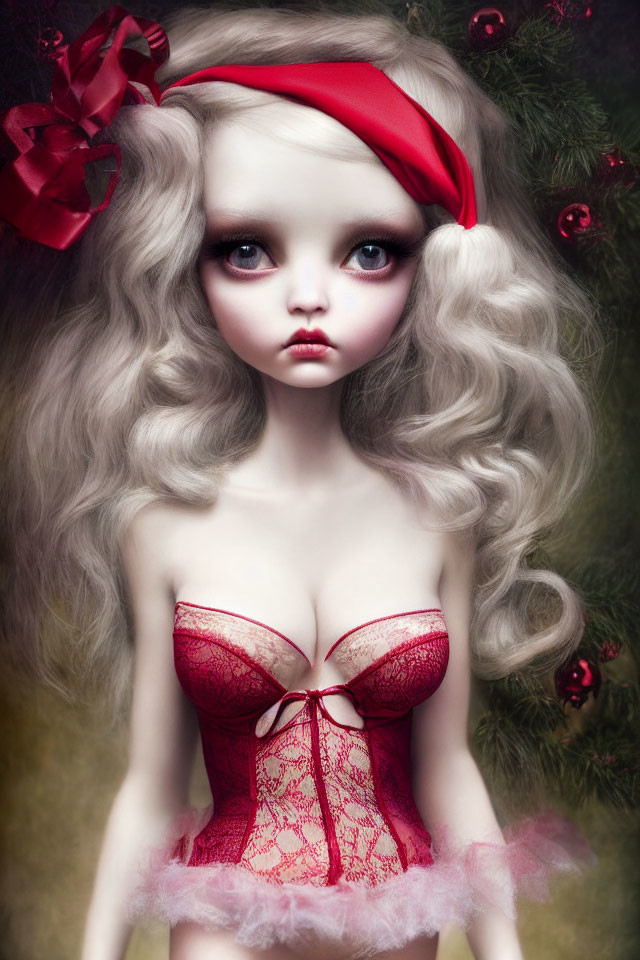 Doll with expressive eyes and curly hair in red bow and corset, with Christmas tree.