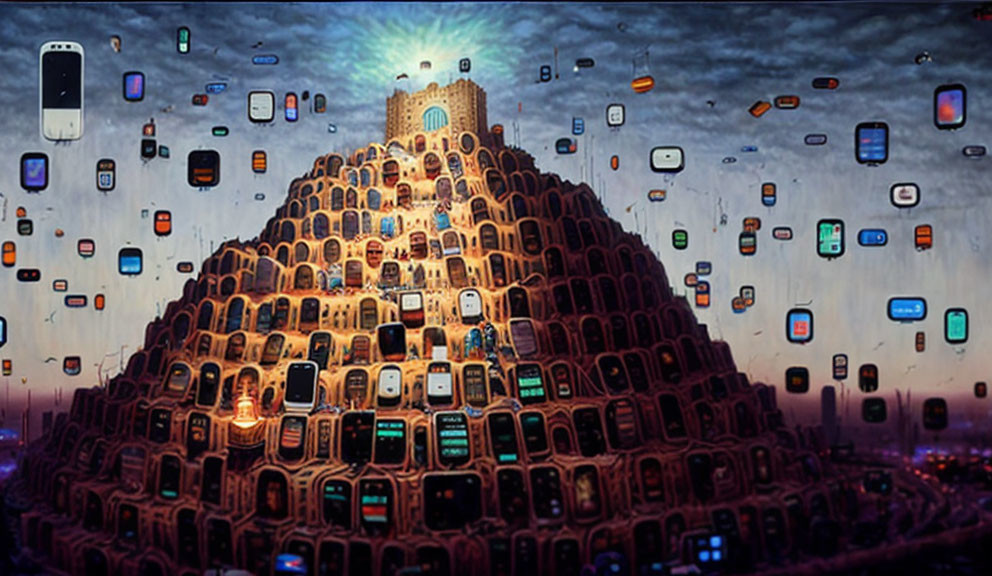 Surreal mountain of old & new cellphones with app icons in sky