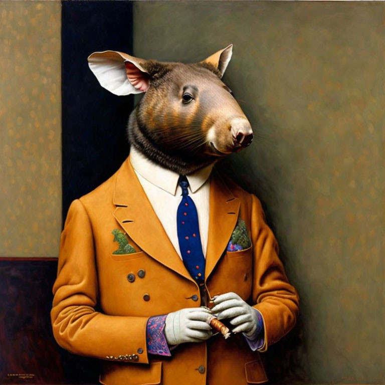 Anthropomorphic Tapir-Like Animal in Brown Suit Painting