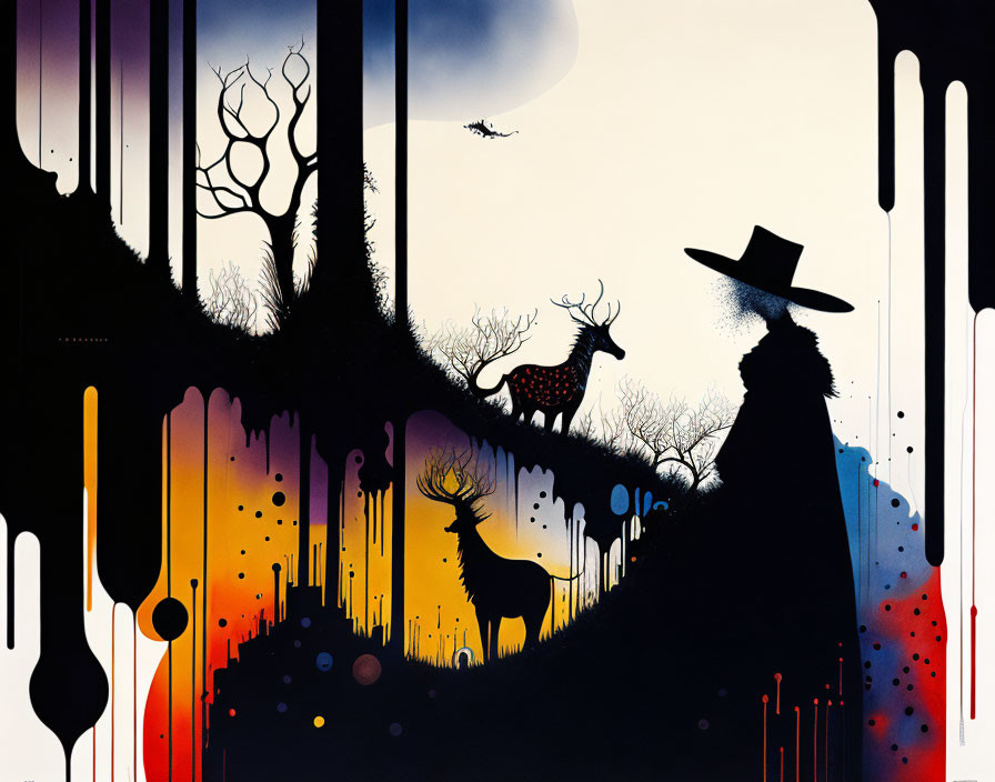 Mysterious figure in hat with wildlife in vibrant, painted landscape