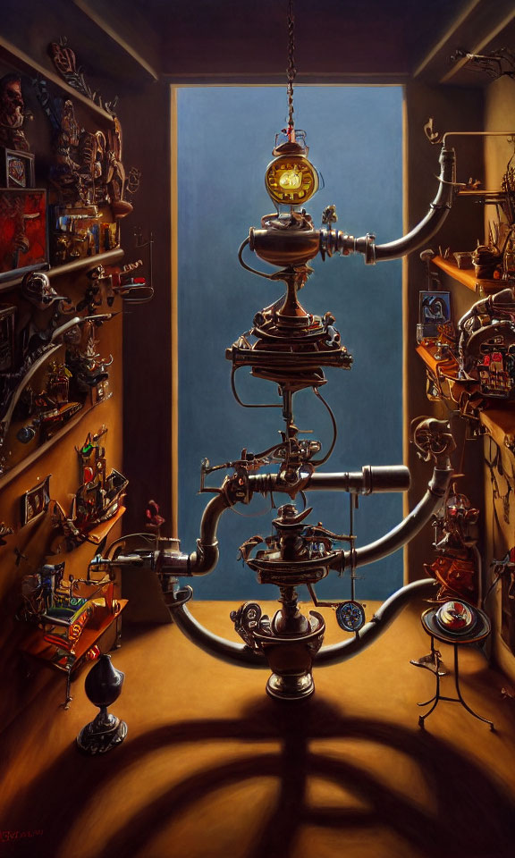 Intricate Steampunk-Style Coffee Machine in Whimsical Room