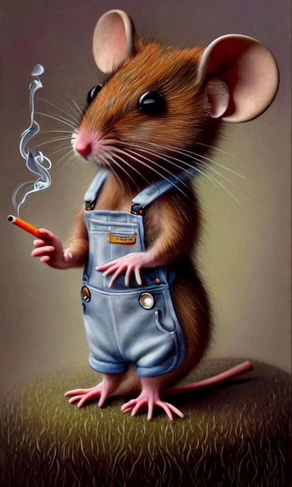 Anthropomorphic mouse in denim overalls with lit cigarette