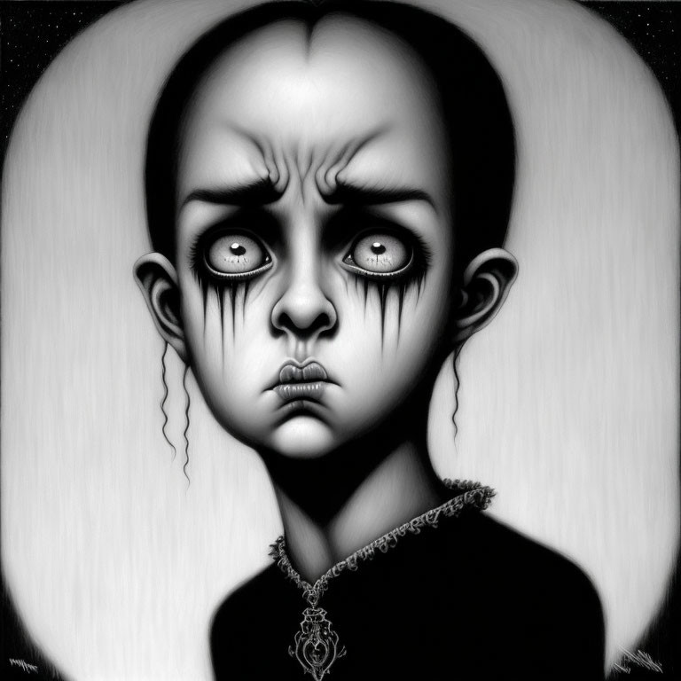 Monochrome artwork featuring child with oversized head and sad eyes.