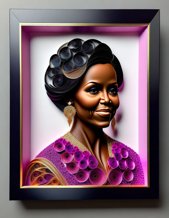 Stylized woman portrait with elaborate hairstyle and vibrant clothing