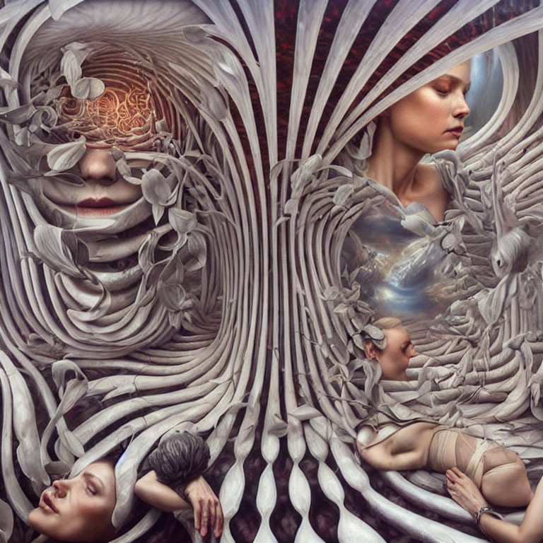 Surrealist artwork with female figures and flowing ribbon-like structures