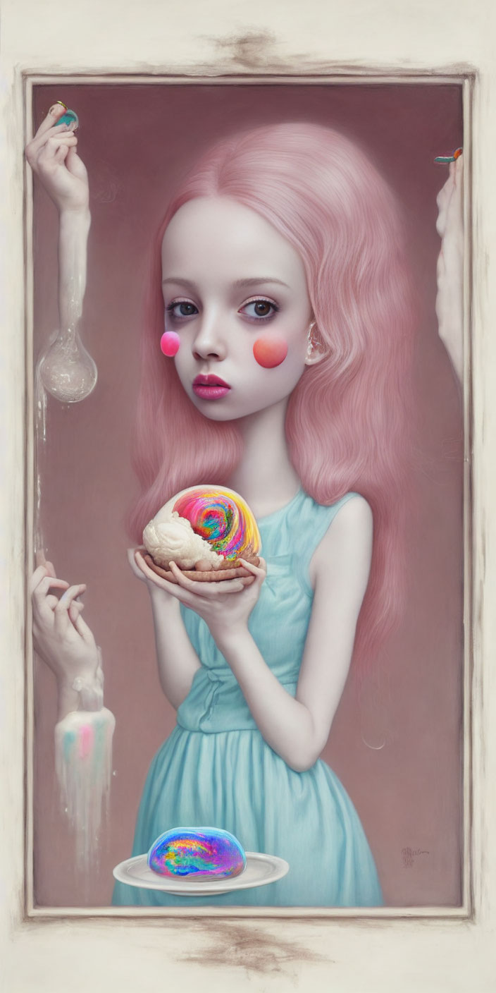 Colorful surreal painting of girl with pink hair and exaggerated eyes holding rainbow donut.