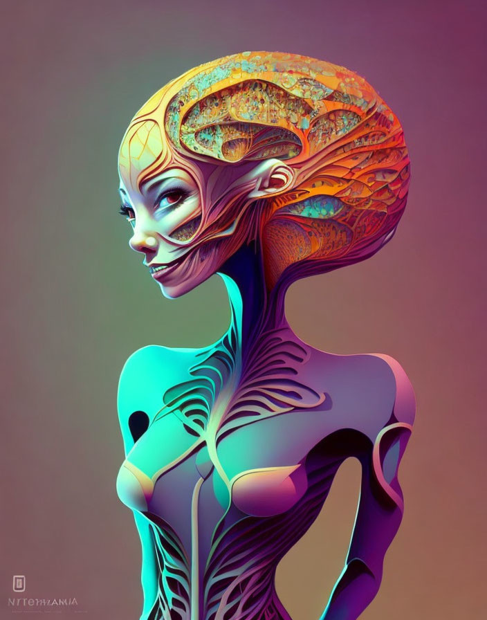 Vibrant digital artwork: stylized female figure with colorful brain and musculature