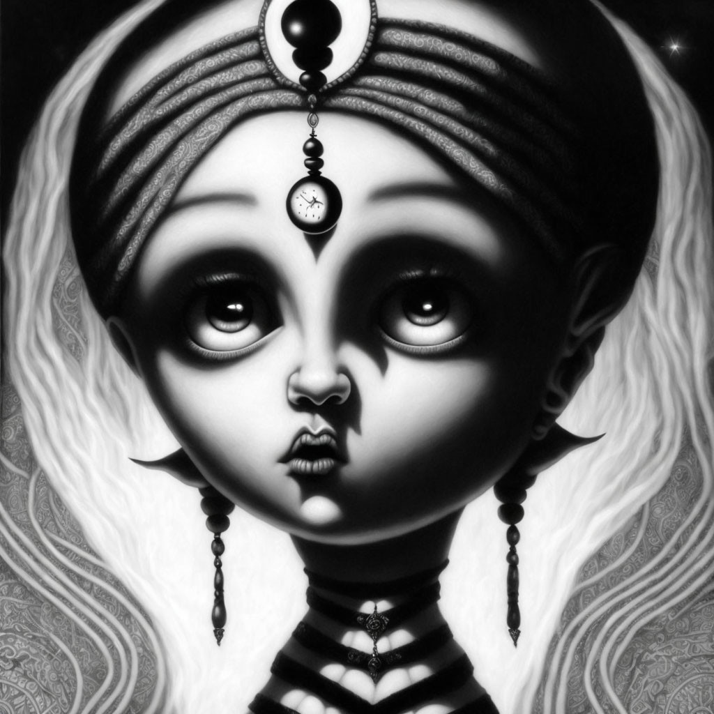 Monochromatic artwork of stylized child with expressive eyes and ornate turban.