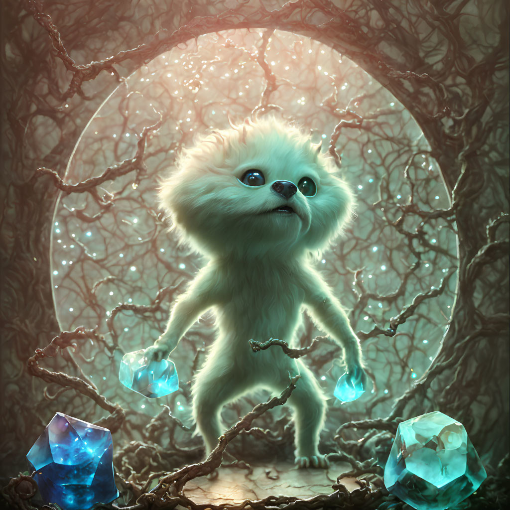 Fluffy creature with blue crystals in enchanted forest