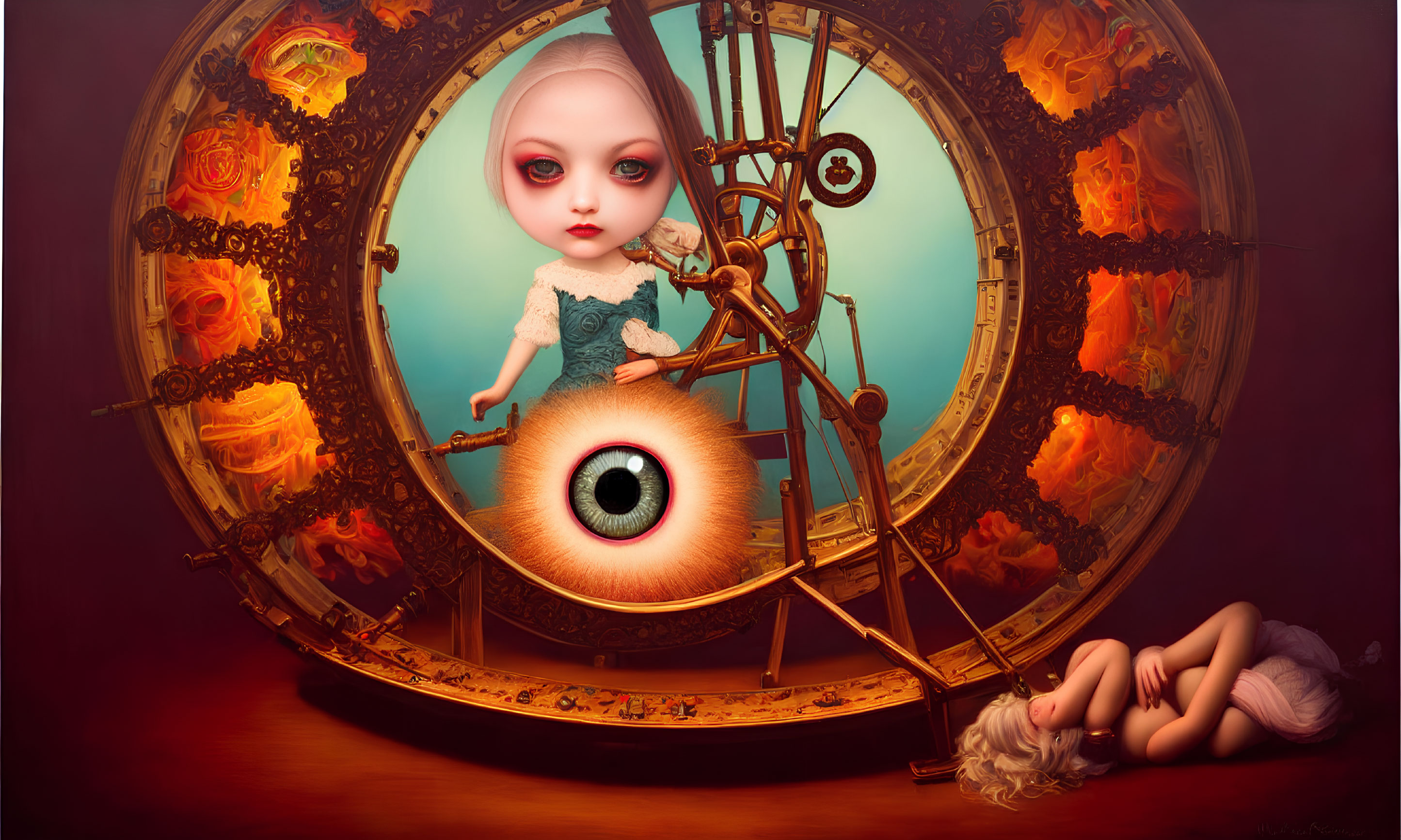 Surreal artwork: Large eye in clock with gears, flames, doll figure & detached hand