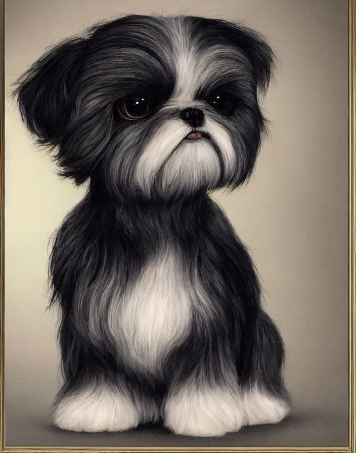 Fluffy black and white Shih Tzu puppy illustration on neutral background