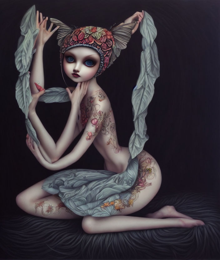 Seated female figure with decorative headpiece and tattoos in surreal illustration