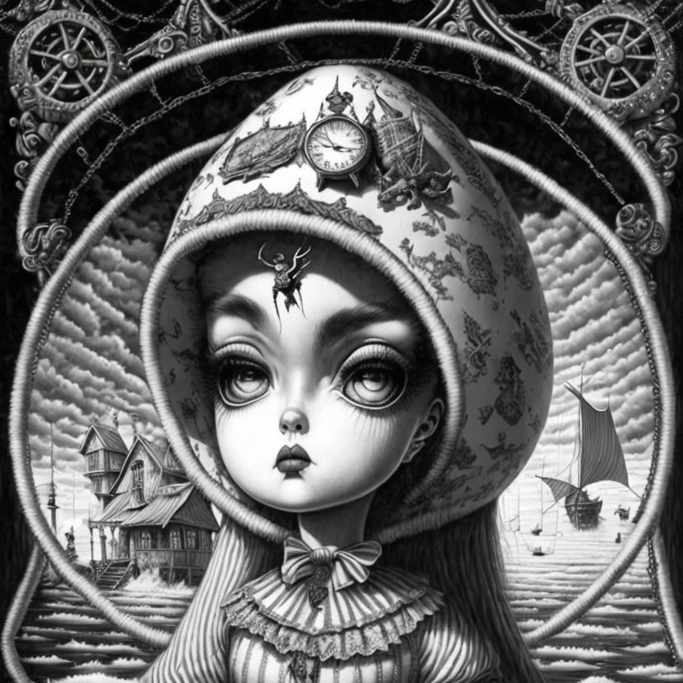 Monochrome surreal helmet illustration with wide-eyed girl and clock, gears, houses, ship against cloud backdrop