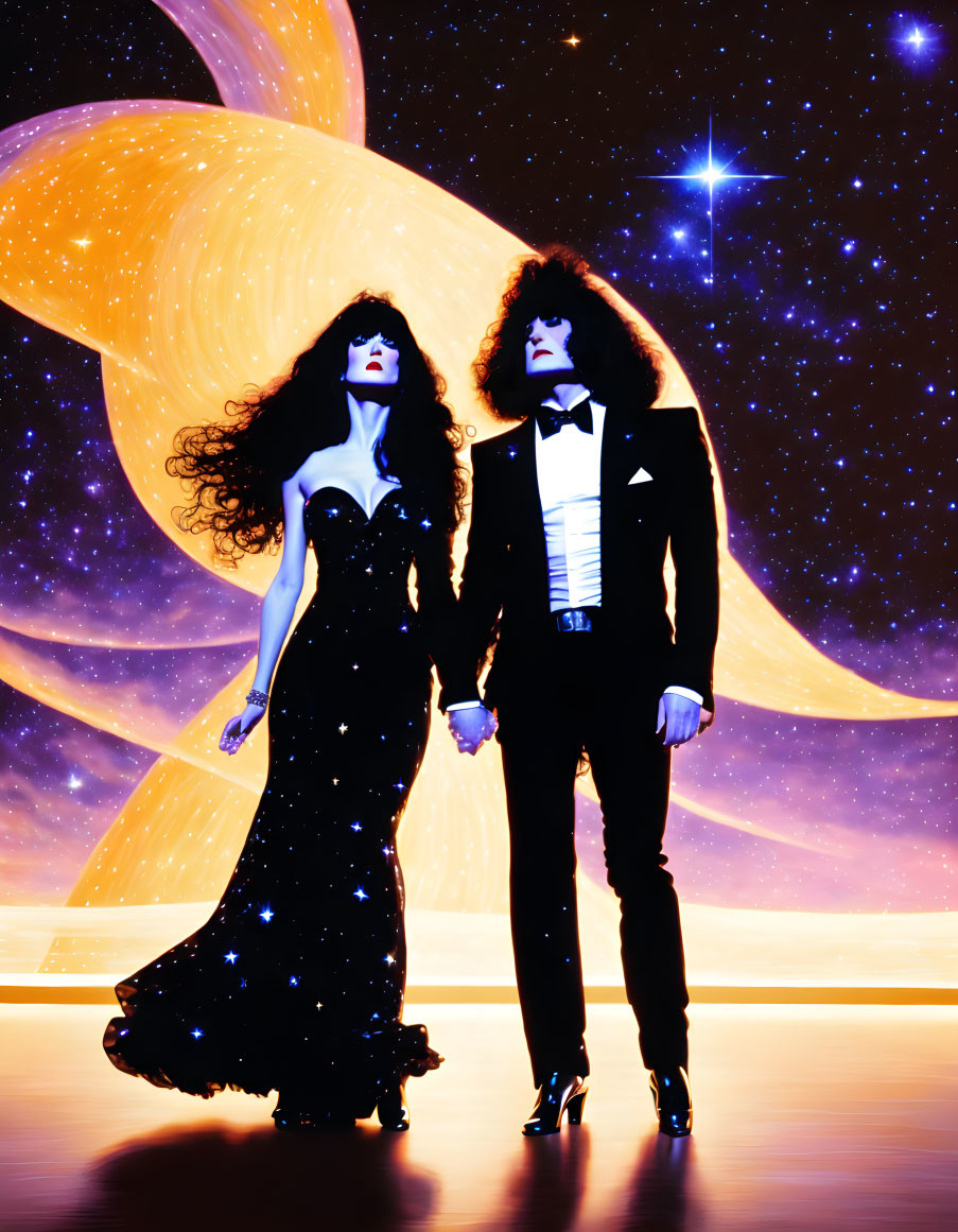 Formal Attire Couple Against Cosmic Backdrop with Golden Galaxies